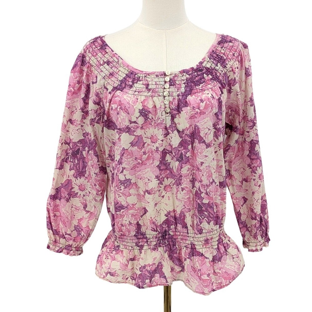 Boho Floral Cotton Peplum Blouse Purple Pink IZOD Size‎ M Smocked Waist